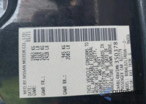 2021 Nissan Altima S Fwd z USA, uszkodzony, nr VIN 1N4BL4BV1MN350378